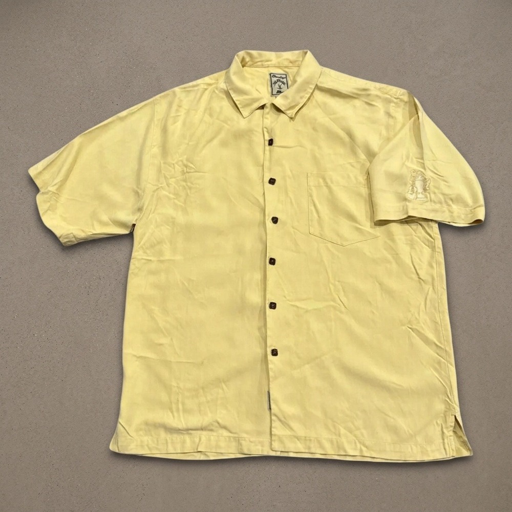 Montego Mon Mens Large 100% Silk Yellow Button Up Camp Shirt Guitar Embroidery